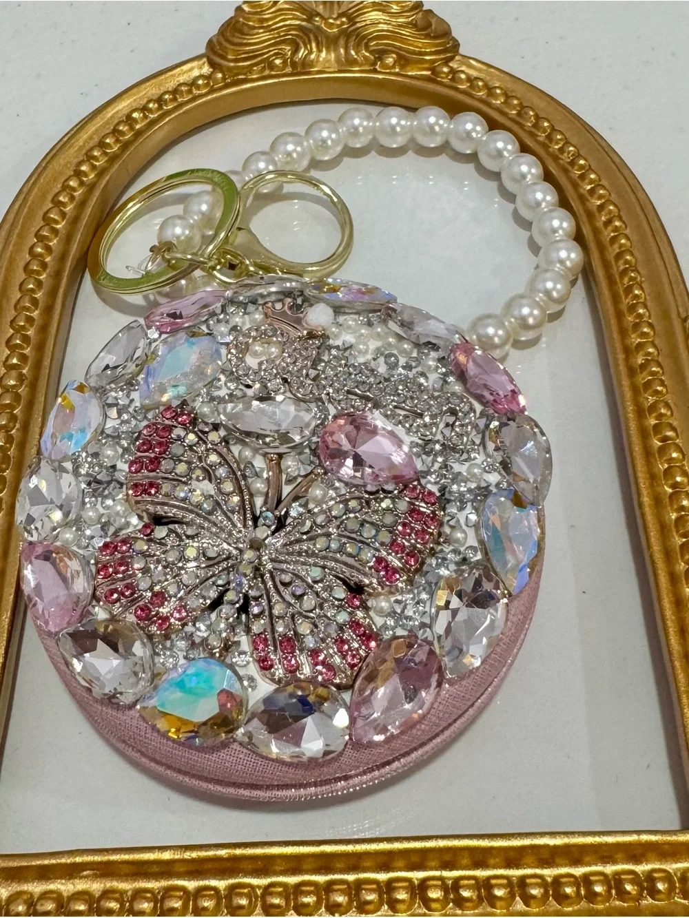 New Crystal Butterfly Mirror Key & Card Holder Wristlet in Pink